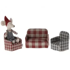 Maileg Poppenhuisstoel Rood Geruit -Maileg Winkel fauteuil rood wit2